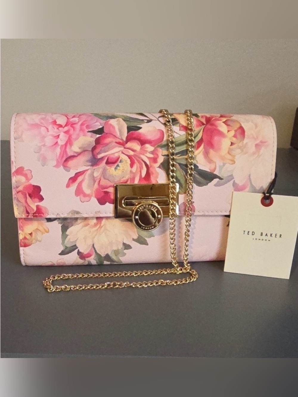Ted Baker Pink Floral Chain Crossbody Bag with Gold Hardware